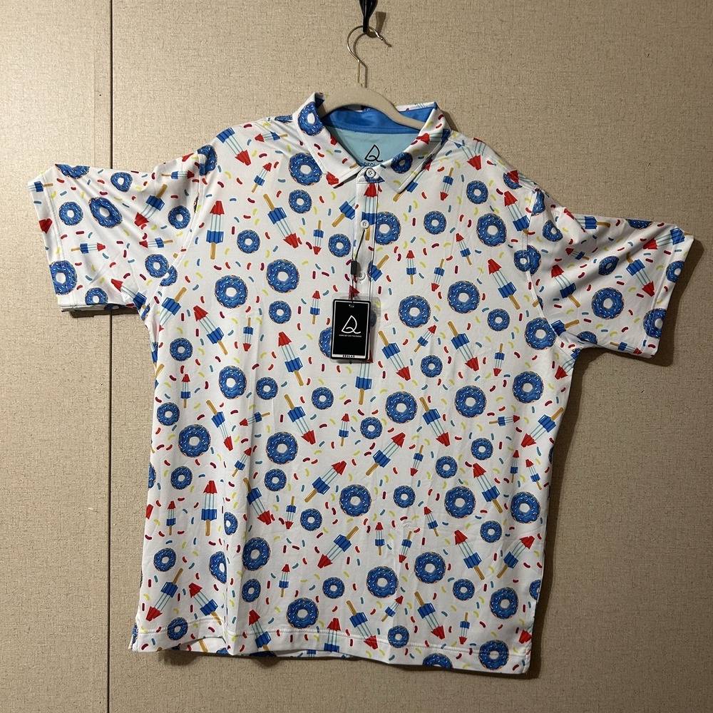 DEOLAX Men's Golf Polo XXL Red White and Blue Popsicle And Donut Shirt NWT